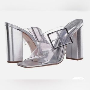 Schutz Madaleni Slide Vinyl  Square Toe Block Heel Silver Sandal Women Sz 8.5B